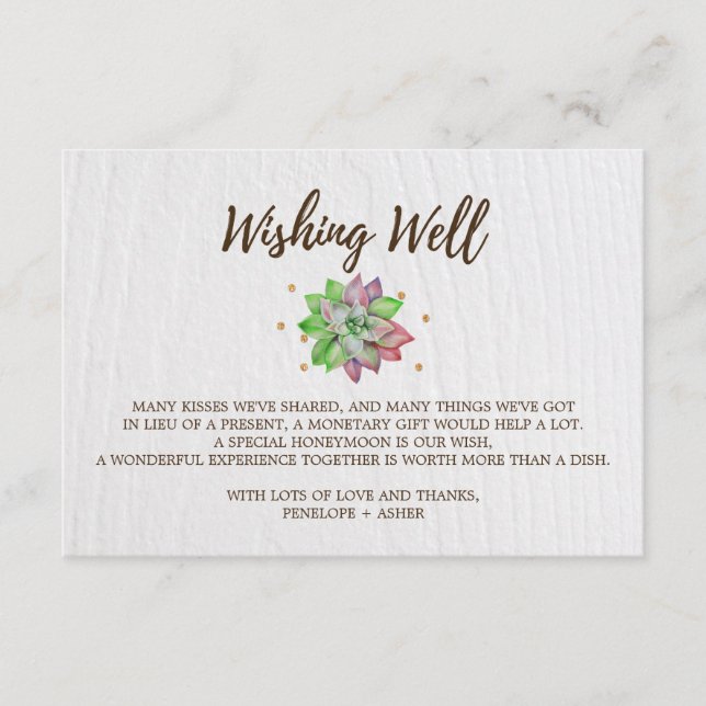 Boho Rustic Floral Succulent Wedding Wishing Well Enclosure Card (Front)
