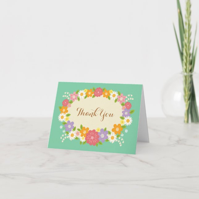 Boho Rustic Floral Wreath Wedding (Mint) Thank You Card (Front)