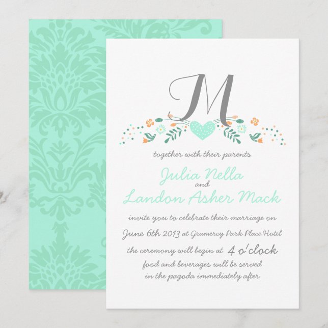 Boho Rustic Folk Art Mint Wedding Invitation (Front/Back)