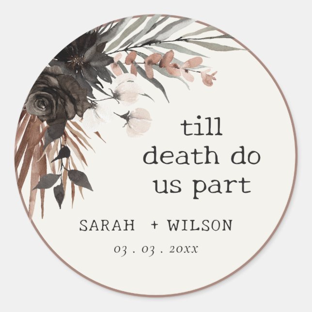 Boho Rustic Gothic Rust Black Botanical Wedding Classic Round Sticker (Front)