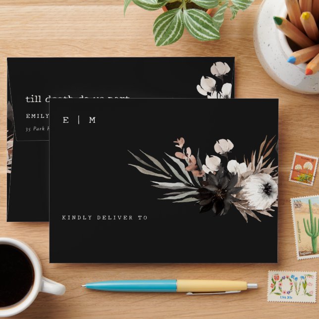 Boho Rustic Gothic Rust Black Botanical Wedding Envelope (Desk)