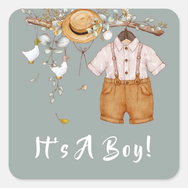 Boho Rustic Greenery Baby Boy   Square Sticker (Front)