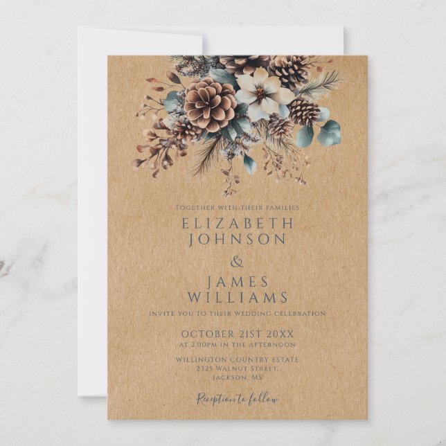 Boho Rustic Kraft Floral Pinecone Wedding Invitation (Front)