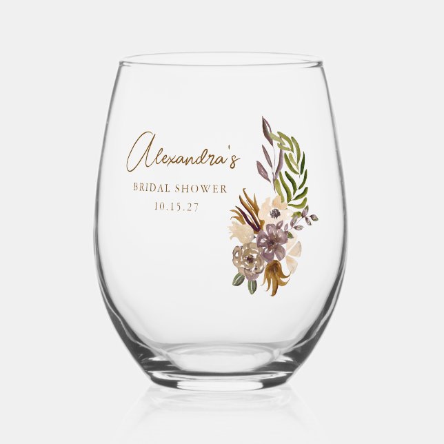 Boho Rustic Nature Botanical Custom Bridal Shower Stemless Wine Glass (Front)
