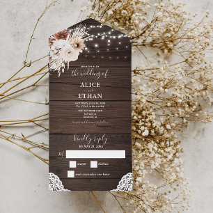 Boho Rustic Neutral Flowers String Lights All In O One Invitation