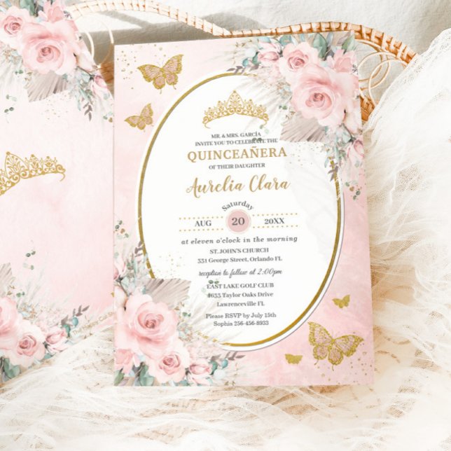 Boho Rustic Pampas Blush Pink Floral Quinceañera Invitation (Creator Uploaded)