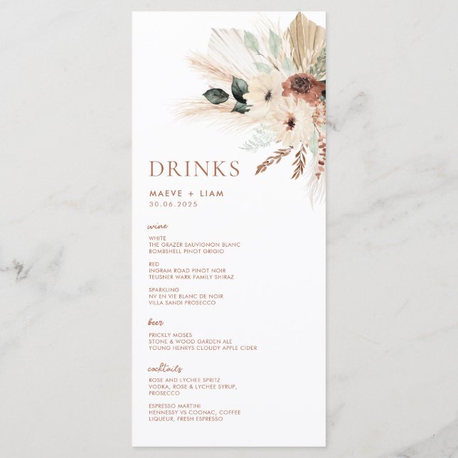 Boho Rustic Pampas Floral Wedding Menu & Drinks (Back)