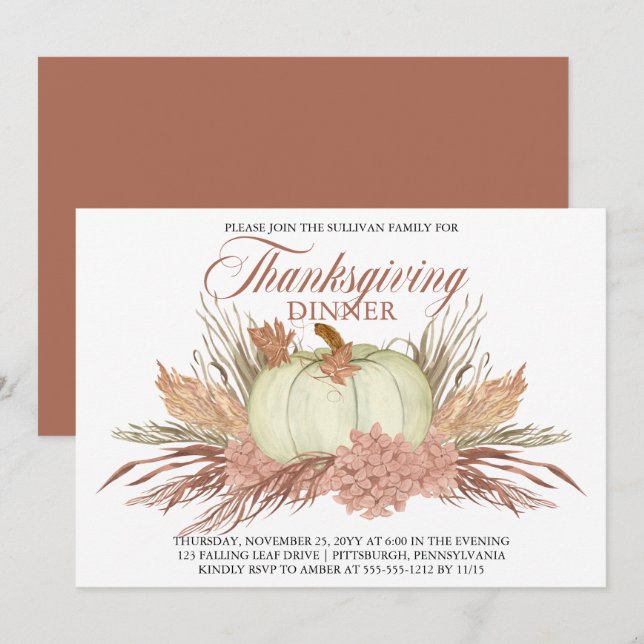 Boho Rustic Pampas Grass | Pumpkin Thanksgiving Invitation (Front/Back)