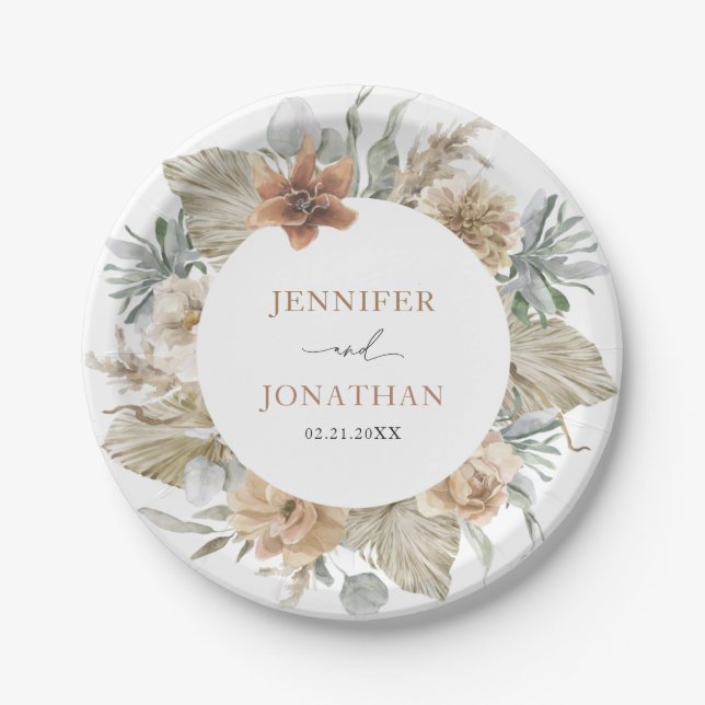 Boho Rustic Pampas Grass Wedding Paper Plates (Front)