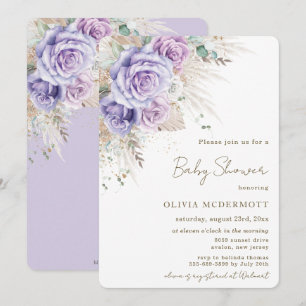Boho Rustic Pampas Purple Floral Girl Baby Shower Invitation