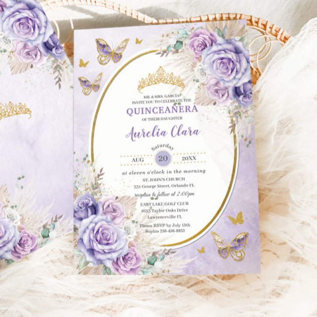 Boho Rustic Pampas Purple Lilac Floral Quinceañera Invitation (Creator Uploaded)