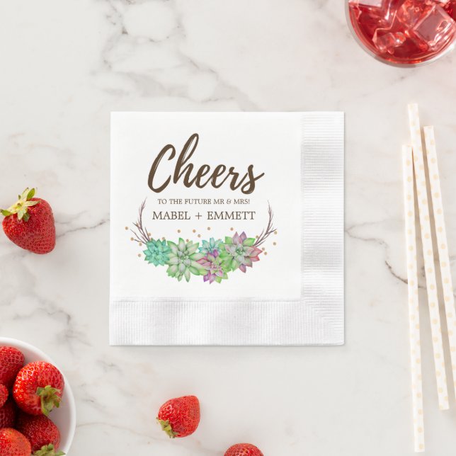 Boho Rustic Pink and Mint Floral Succulent Cheers Napkin (Insitu)