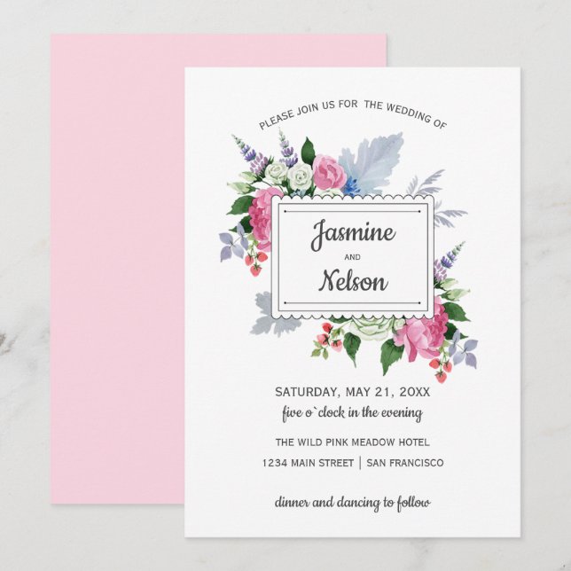 Boho Rustic Pink White Lavender Flowers Wedding Invitation (Front/Back)