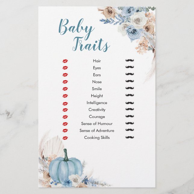 Boho Rustic Pumpkin Fall Baby Traits Games (Front)