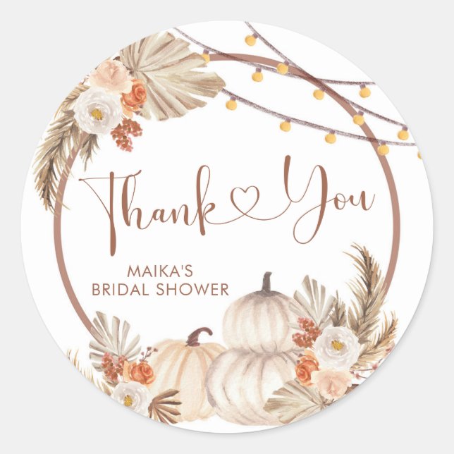 Boho Rustic Pumpkin Fall in Love Thank You Sticker (Front)
