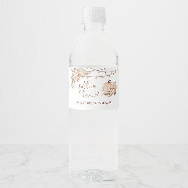 Boho Rustic Pumpkin Fall in Love Water Bottle Water Bottle Label (Front)