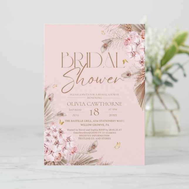 Boho Rustic Rose Pink Bridal Shower Invitation (Standing Front)