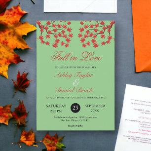 Boho Rustic Sage Green Red Leaves Fall Wedding Invitation