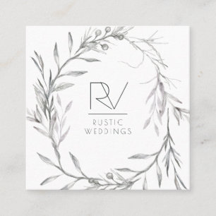 Boho Rustic Sketched Floral Wreath Monogram Square Business Card