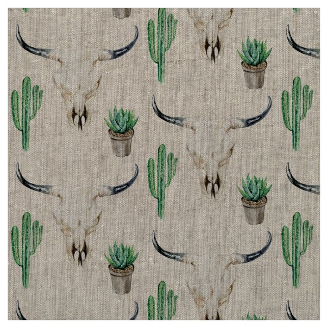 Boho Rustic Skull Cactus Patterned Fabric (Swatch)
