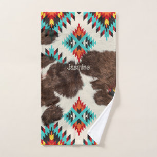 Boho Rustic SouthWestern Cowhide Aztec Pattern  Bath Towel Set