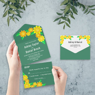 Boho Rustic Sunflower Green Spring Floral Wedding All In One Invitation