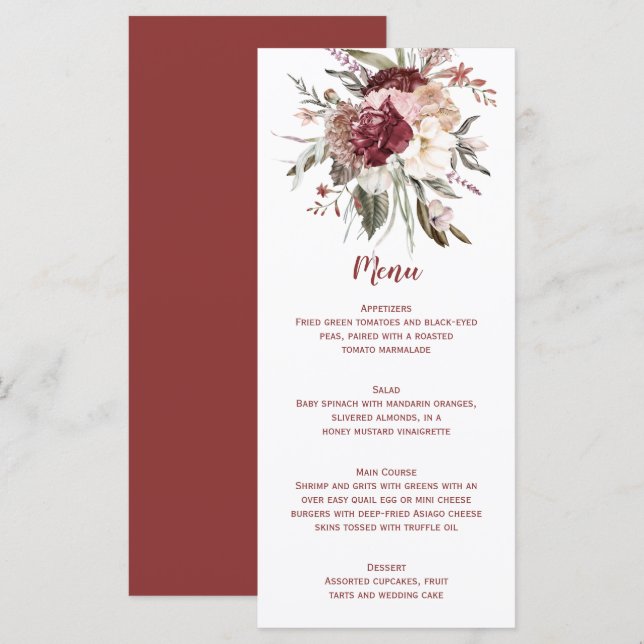Boho Rustic Terracotta Peach Marsala Wedding Menu (Front/Back)