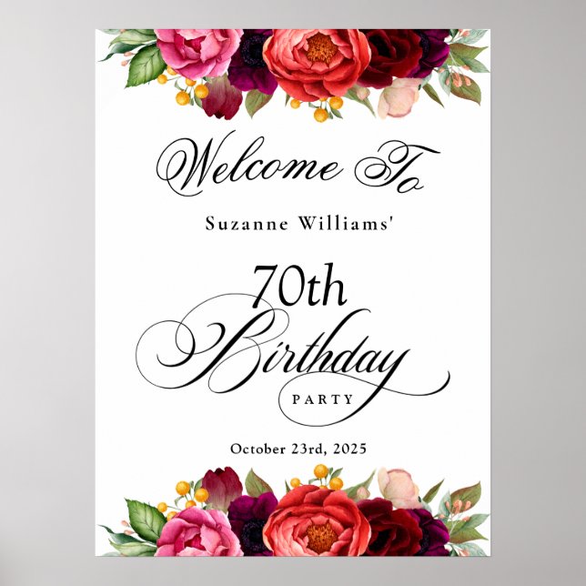 Boho Rustic Watercolor Floral 70th Birthday Party Poster (Front)