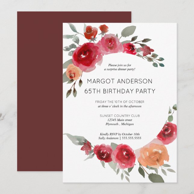 Boho rustic watercolor floral party invitation (Front/Back)
