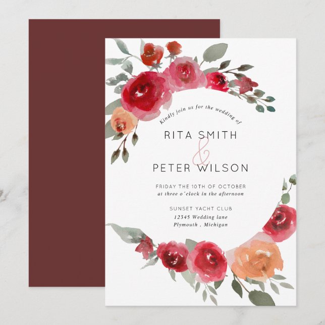 Boho rustic watercolor floral wedding invitation (Front/Back)