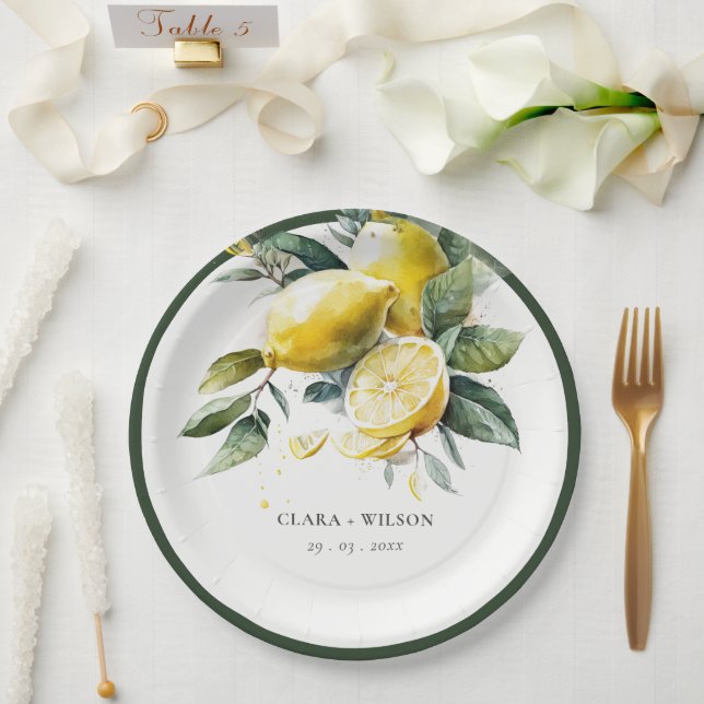 Boho Rustic Watercolor Yellow Lemon Garden Wedding Paper Plate (Wedding)