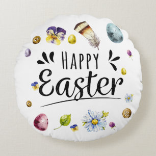 Boho Rustic Watercolour Colourful Happy Easter Round Pillow