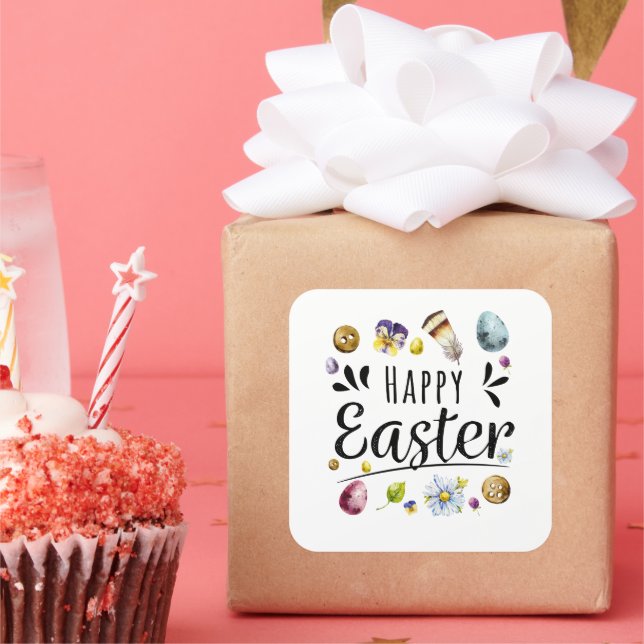 Boho Rustic Watercolour Colourful Happy Easter Square Sticker (Party)