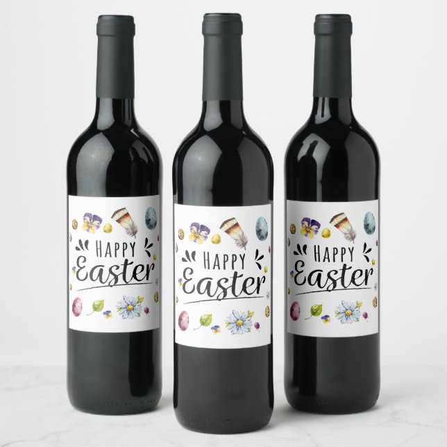 Boho Rustic Watercolour Colourful Happy Easter Wine Label (Bottles)