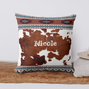 Boho Rustic Western Cowhide Name Throw Pillow