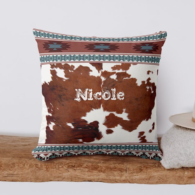 Boho Rustic Western Cowhide Name Throw Pillow (Creator Uploaded)