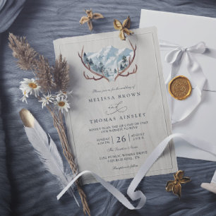 Boho Rustic Wood Antlers Mountain QR Code Wedding Invitation