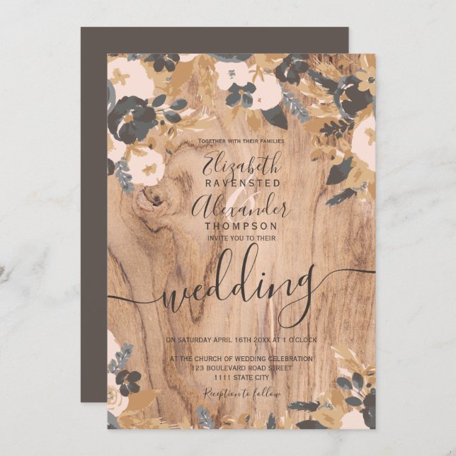 Boho rustic wood brown cotton pampas wedding invitation (Front/Back)