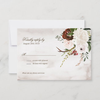 Boho Rustic Wood & Floral Burgundy Rose Wedding RSVP Card
