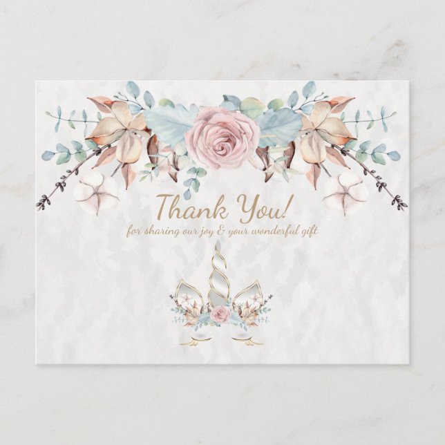 Boho Rustic Woodland Floral Unicorn Thank You Postcard (Front)