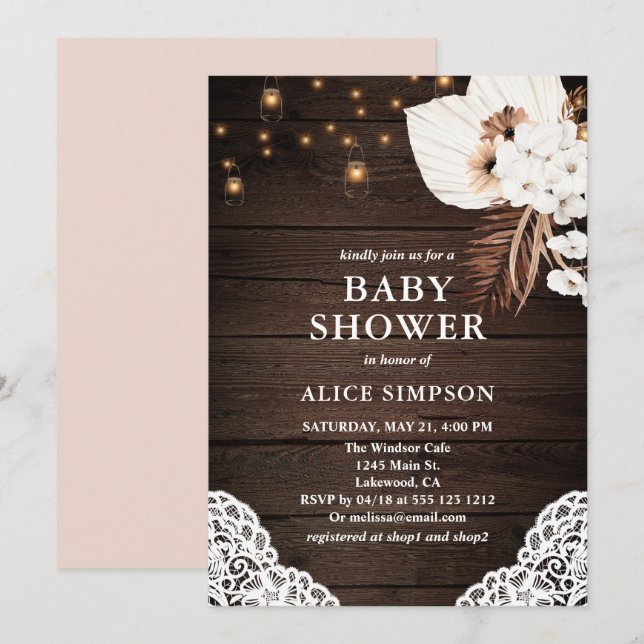 Boho Rustique Beige Floral Baby shower Invitation (Devant / Derrière)