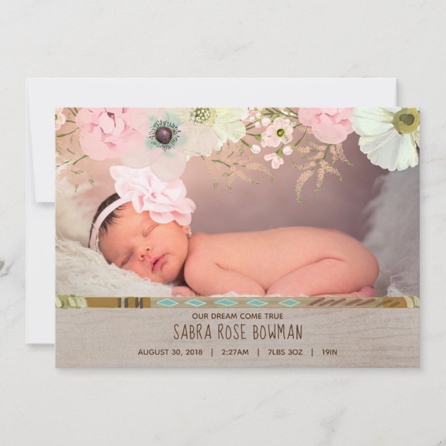 Boho Rustique Faire-part de naissance en plumes fl (Devant)