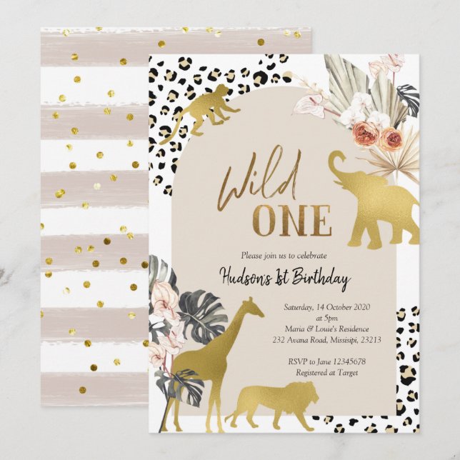 Boho Safari Animal Wild One Birthday Invitation (Front/Back)