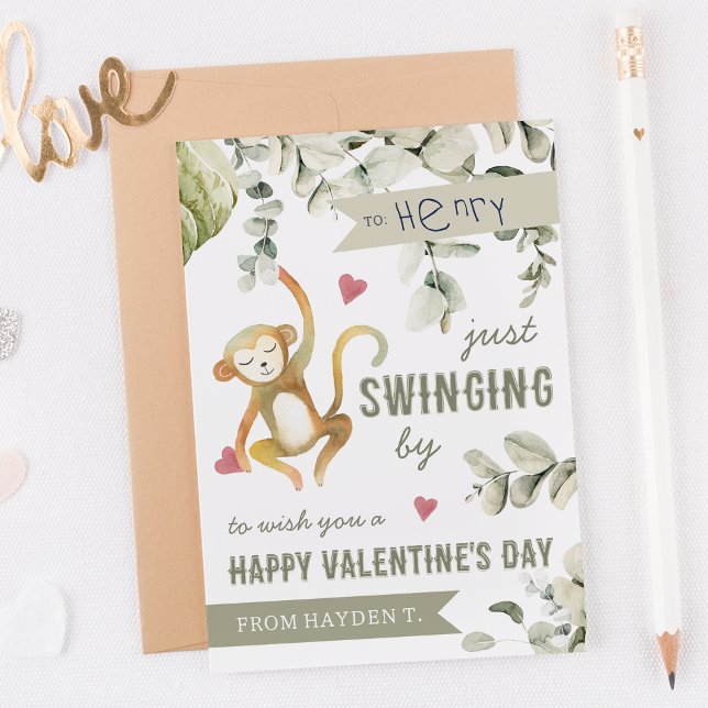 Boho Safari Monkey Classroom Valentines Day Card (Creator Uploaded)