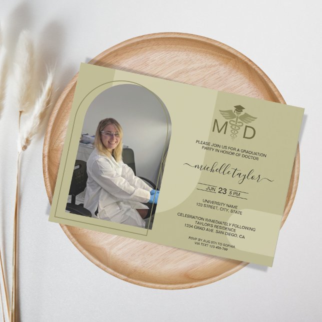 Boho Sage Arch Photo MD Doctor Medicine Graduation Invitation (Creator Uploaded)