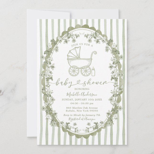 Boho Sage Baby Carriage Stripes Bow Baby Shower Invitation (Front)