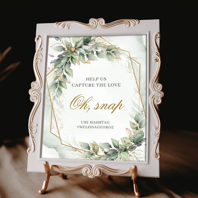 Boho sage eucalyptus leaves gold glitter Oh snap Poster (Boho sage eucalyptus leaves gold glitter oh, snap hashtag wedding tabletop sign )