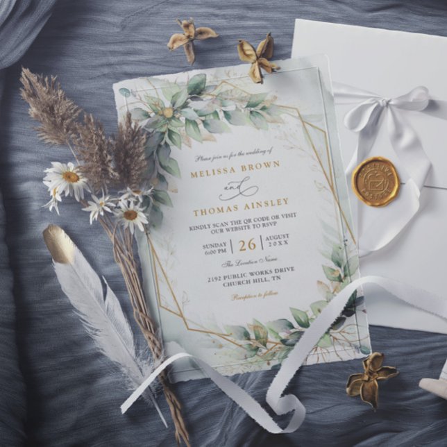 Boho sage eucalyptus leaves qr code wedding invitation (Creator Uploaded)