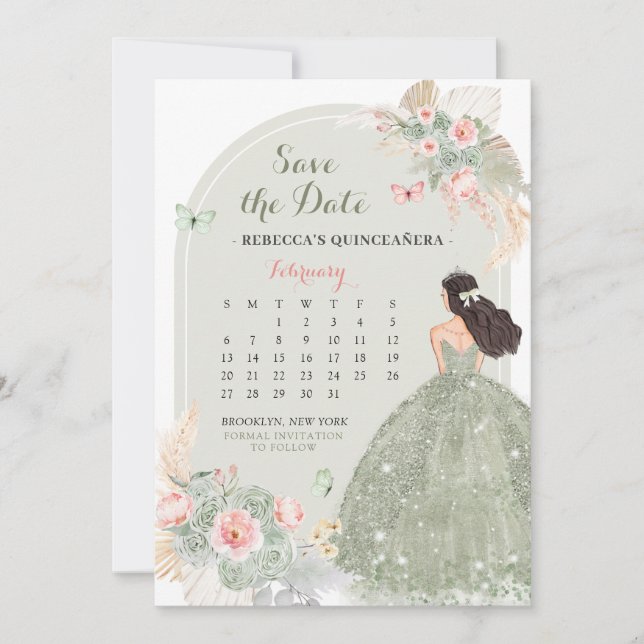 Boho Sage Green 15 Años Save The Date Calendar Invitation (Front)