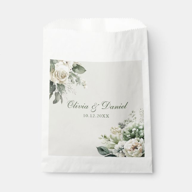 Boho Sage Green and Ivory Flowers Wedding Favour Bag (Front)